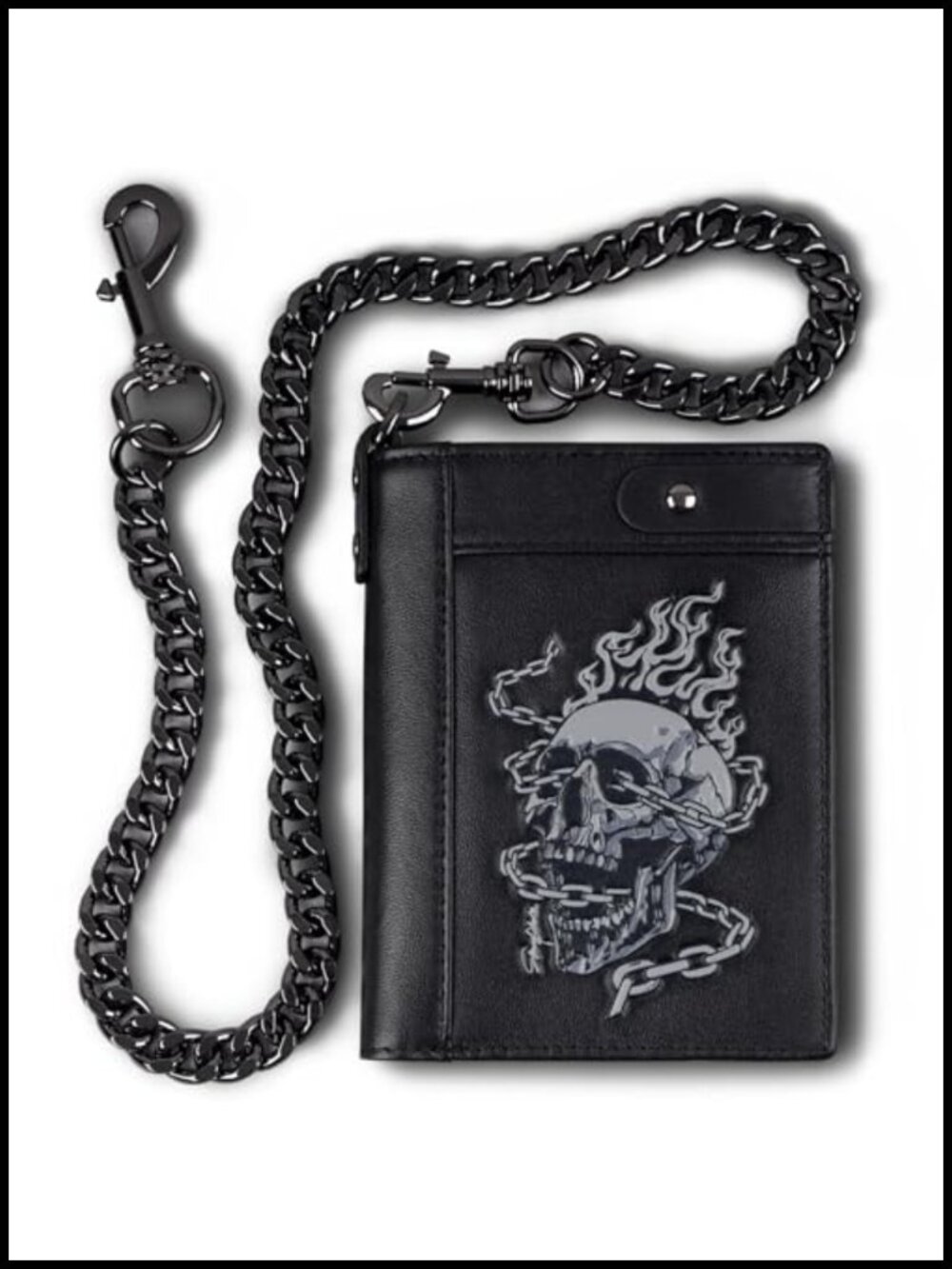Mens Leather Bifold Wallet with Chain RFID Blocking Skull Design